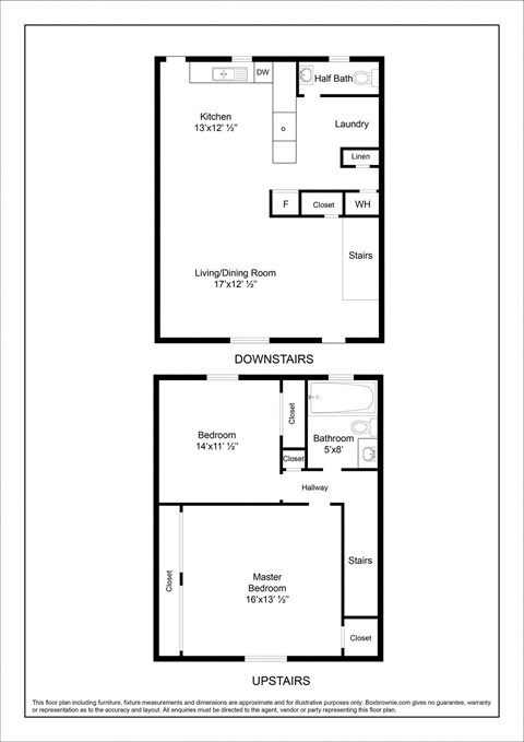Floor plan for 2 beds, 1.5 baths, 1000 sqft